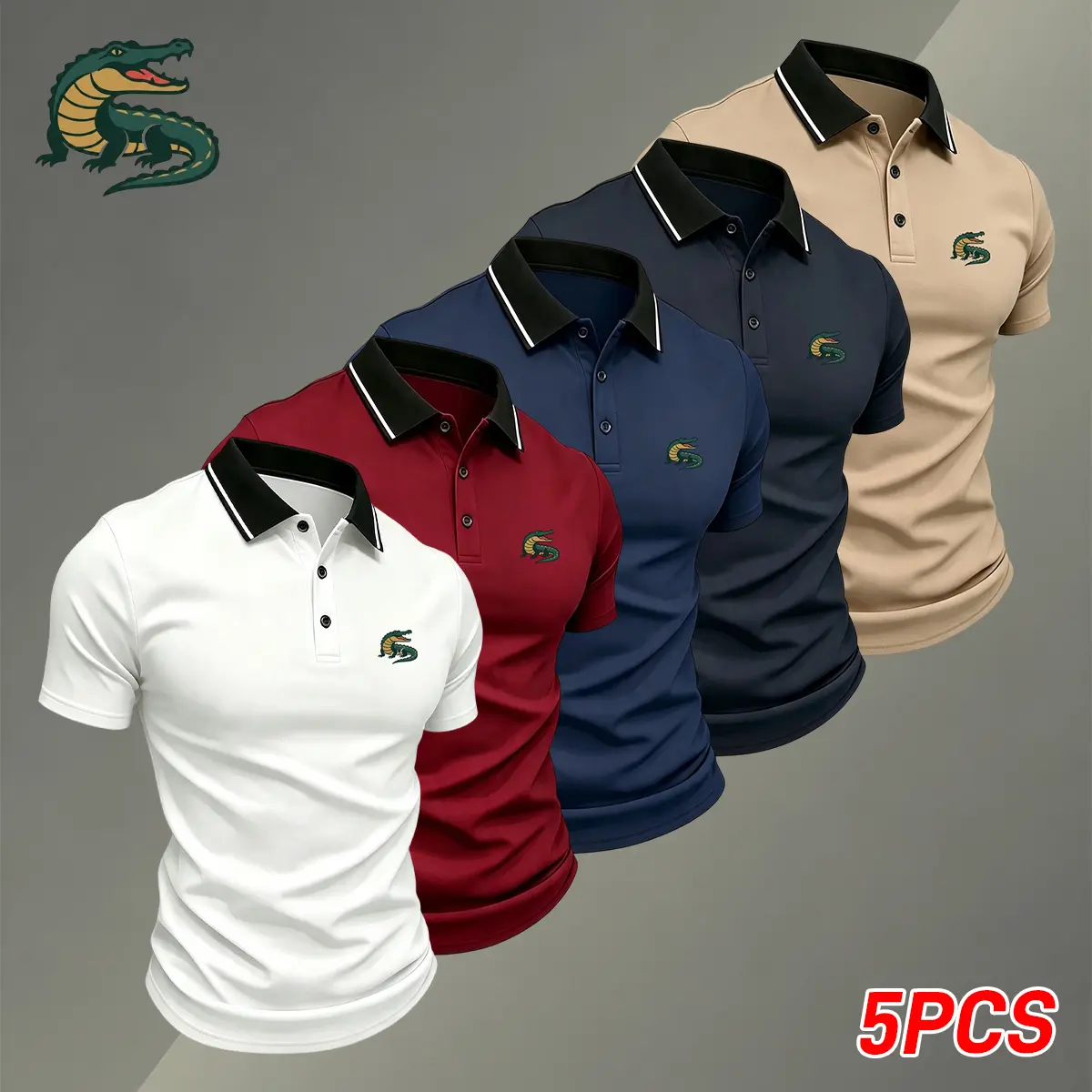 5-pack men’s solid-color summer polo shirt with a collar, breathable quick-dry casual golf shirt, lightweight and stretchy, suitable for summer office wear, featuring an alligator print, comfortable fit short-sleeve top