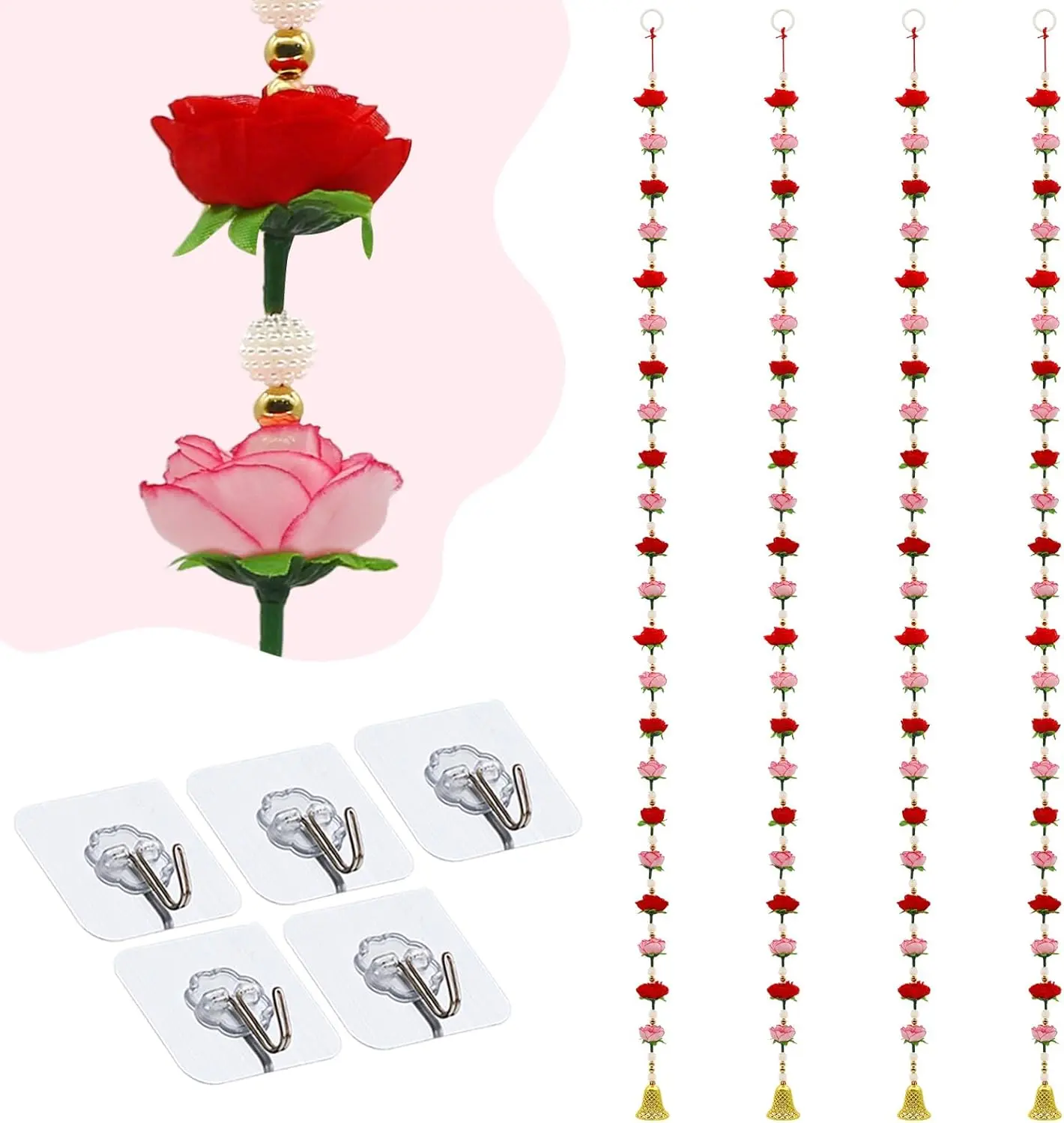4-Pack Rose Flower Garlands with Beads - 4.6FT Artificial Fake Hanging Spring Flower Garland for Diwali Decoration, Indian Wedding, Home Mandir Pooja Temple Decor