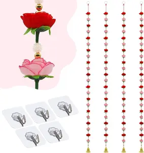 4-Pack Rose Flower Garlands with Beads - 4.6FT Artificial Fake Hanging Spring Flower Garland for Diwali Decoration, Indian Wedding, Home Mandir Pooja Temple Decor