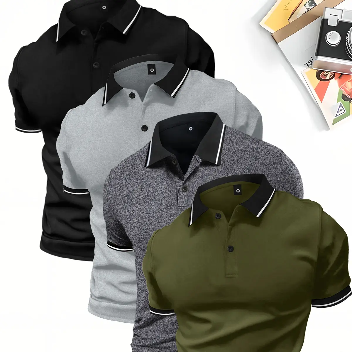 4-Pack Summer New Short Sleeve Polo Shirts for Men Solid Color Multiple Options Men's Horse Rider Polo Tops for Travel Vacation Outdoor Casual  Sports Beige