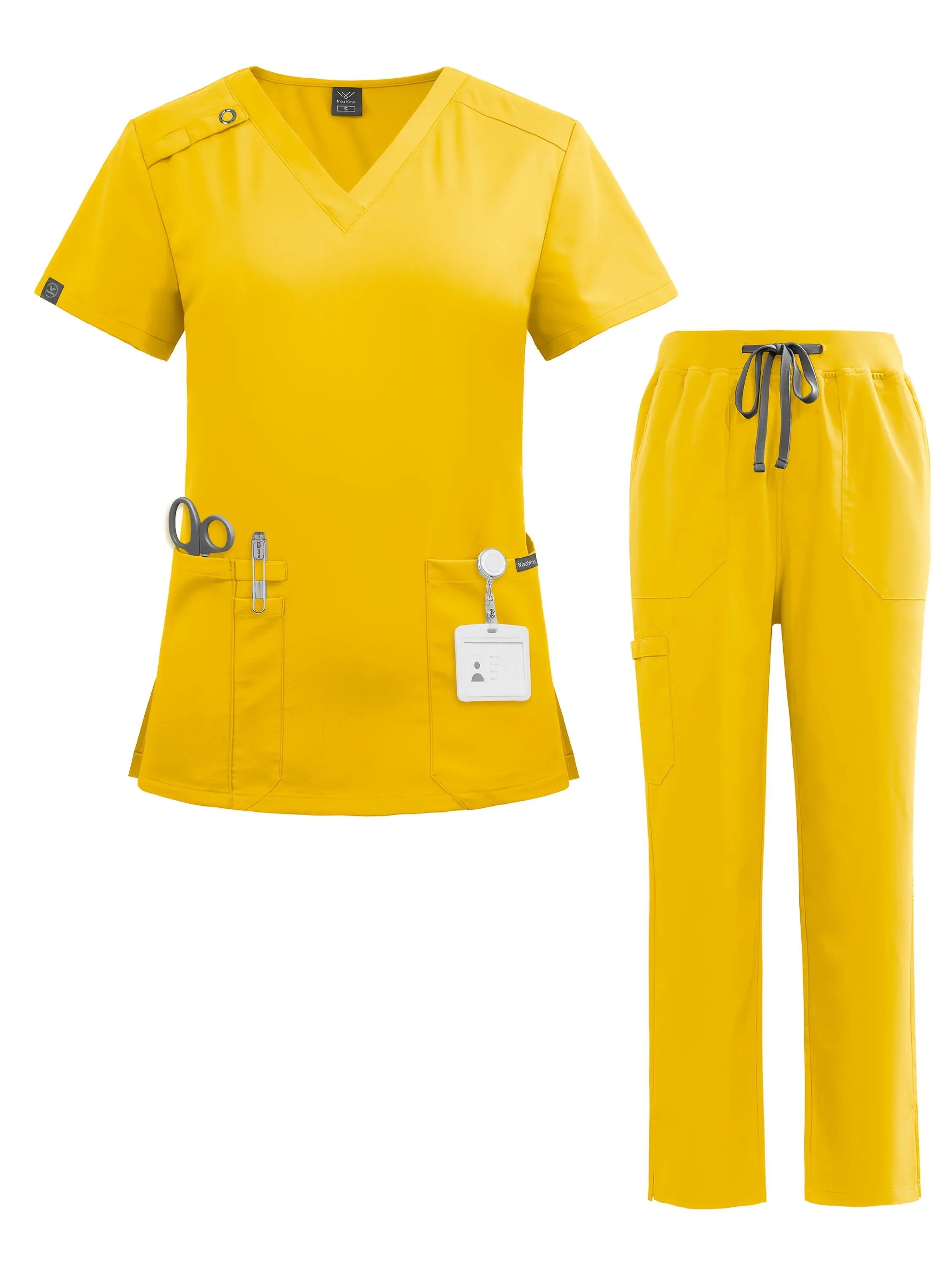 Women'S Nursing Scrub Set - Short Sleeve V-Neck Top with Pockets & Pants, Beige Uniforms for Women, Perfect for Healthcare Worker