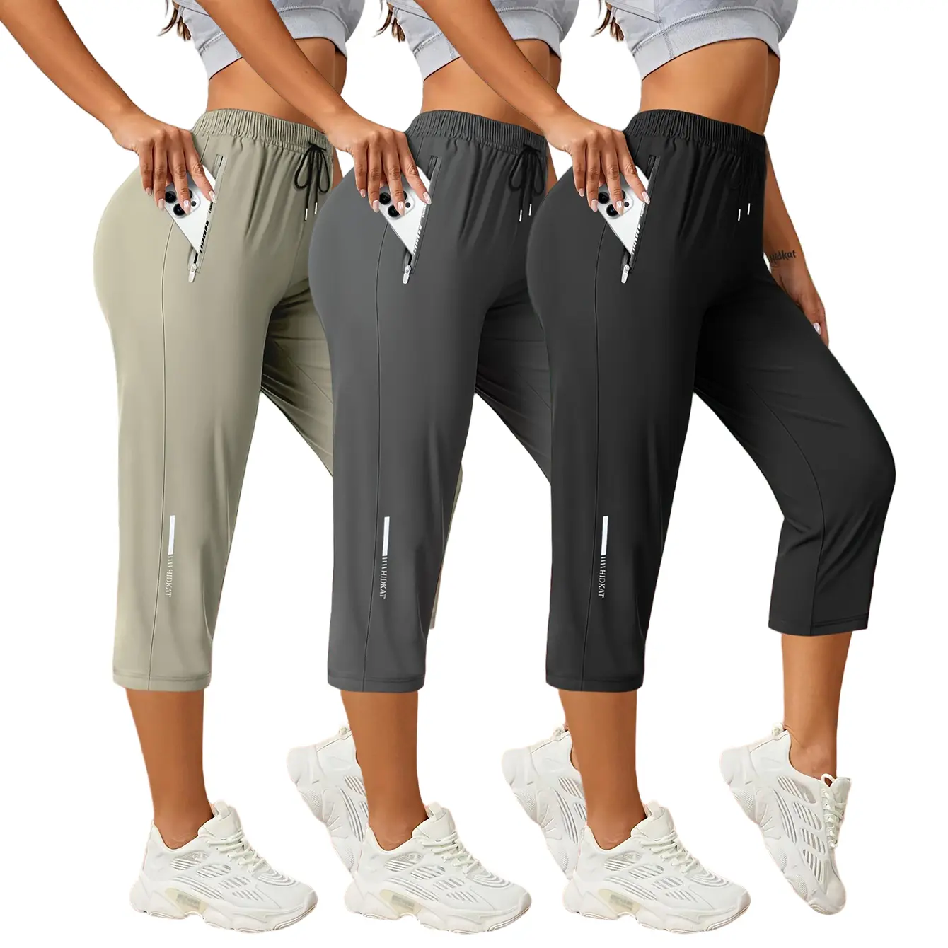 3 Pack Women’s High Waist Quick Dry 7/8 Athletic Pants – Elastic Drawstring Waistband, Side Zipper Anti Theft Pockets, Highly Stretch Ice Silk Breathable Fabric, Reflective Strip Design, Suitable for Fitness, Running, Yoga, Outdoor Activities, and Everyda