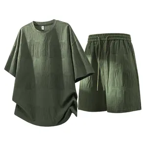Letter-Embossed Curved-Hem Tracksuit Mens Oversized Casual Sportswear Set with 3D Jacquard Detail, Elastic Waistband & Adjustable Drawstring for Street Style, Daily Wear & Summer Outings