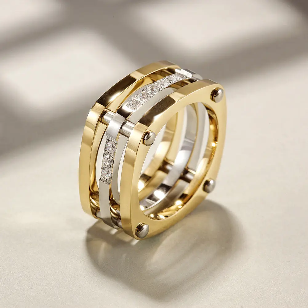 Women's Exquisite Trendy Dainty Gold-Tone Parallel Bar Cocktail Ring NSR054STGC - Cubic Zirconia Accent, Hypoallergenic Metal, Size Guide Included, Gold Costume Jewelry, Exquisite Trendy Ring