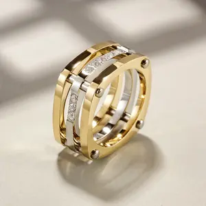 Gold Cocktail Paralleled Bar Ring NSR054STGC with CZ Diamond, Hypoallergenic Metal, Hypoallergenic Policies, Size Guide Included