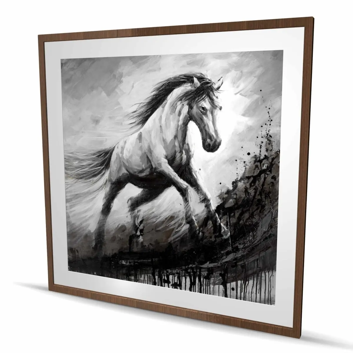 212 MAIN 48x48 in Gray Framed Art Print - Artistic Wind-Inspired White Horse Animal Art, Adventure Room Decor, Ideal Gift for Home Decor Enthusiasts