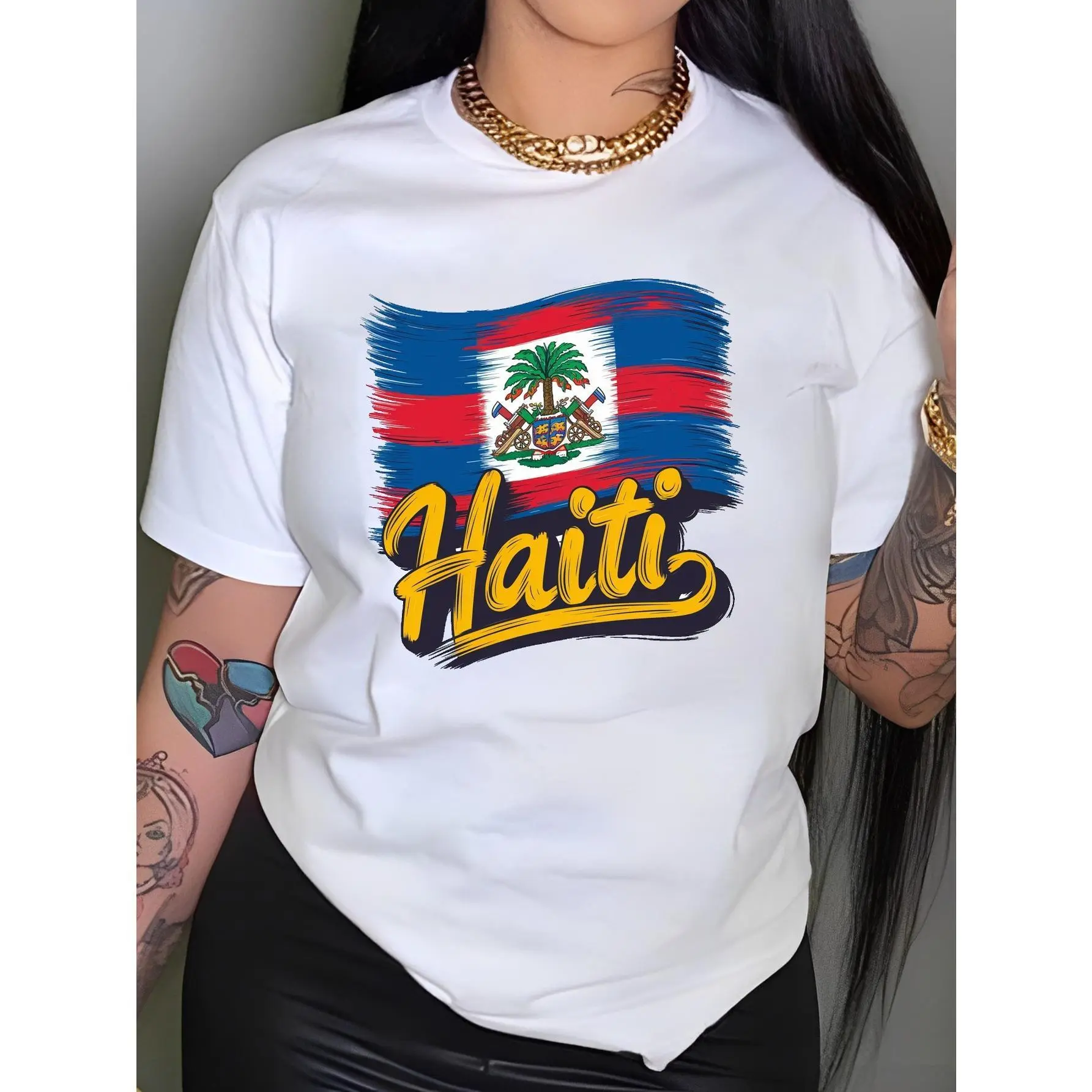 [Haitian Flag Art Tee] Comfortable Polyester Black T-Shirt - Haitian Flag Art Design, Casual Round Neck, Machine Washable, Ladies