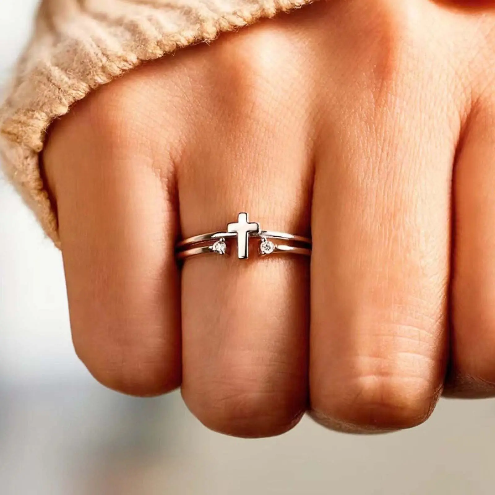 Women's Polished Zircon Cross Double Ring, Fashion Index Finger Accessory, Artificial Gemstone Statement Ring, Cross Double Design, Double Band Ring