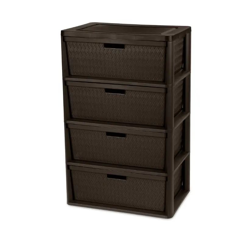 Wide 4 Drawer Tower Easy to Assemble with Removable Decorative Cross-Weave Plastic Drawers Tool-Free Brown Storage Unit Storage Organizer Furniture Office Drawers Organizer