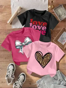3-Pack Girls' Casual Cute Crew Neck Short Sleeve T-Shirts, Bowknot, Heart & Letter Element Print, Summer Fashion Sweet Outfits