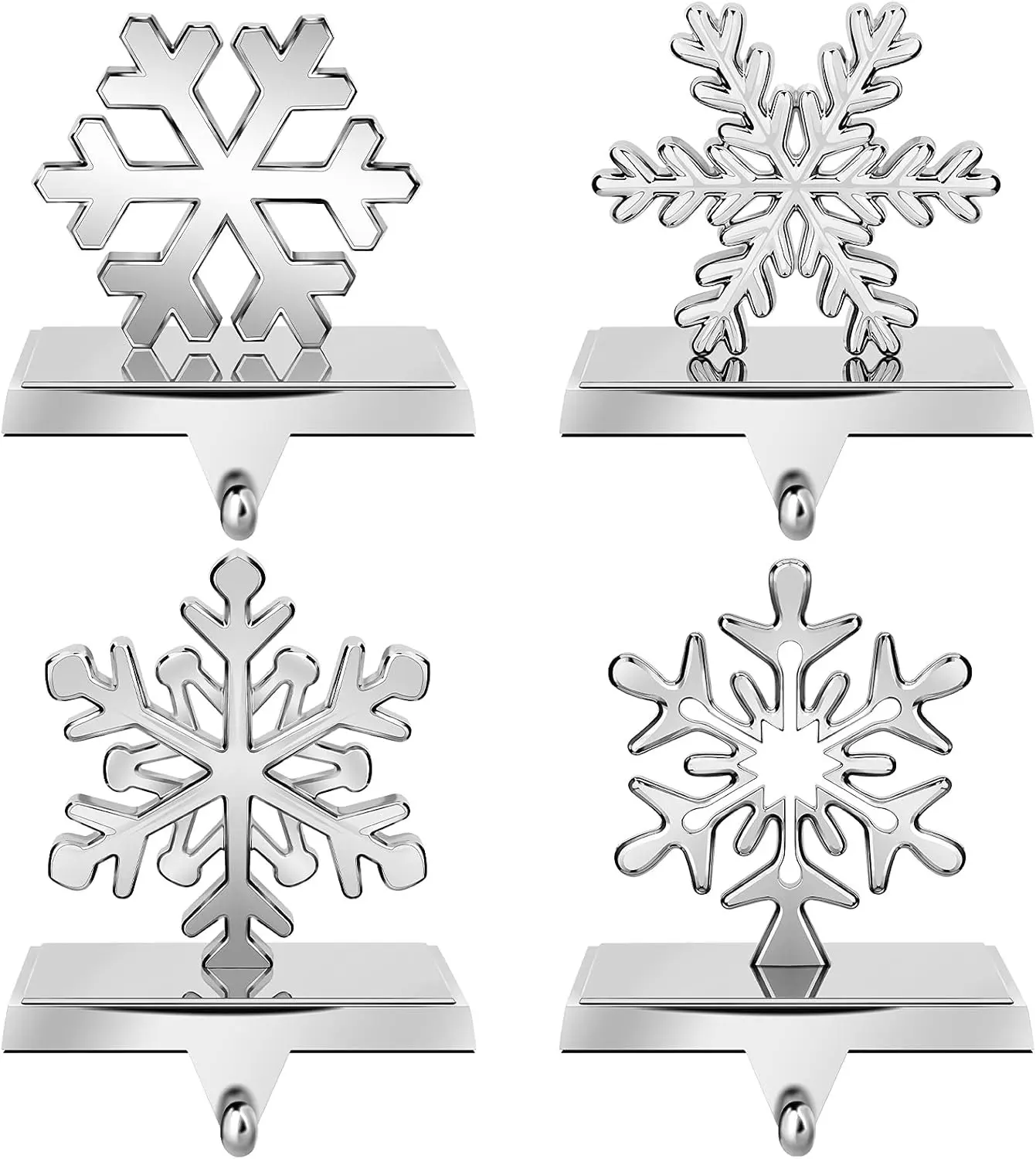 URATOT Pack of 4 Christmas Stocking Holders Snowflake Stocking Hangers Mantel Stocking Hooks for Christmas Decoration, Silver