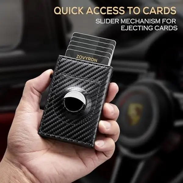 Men's Minimalist Slim Carbon Weave AirTag Wallet, Everyday Carry Front Pocket Wallet with Pop-Up Card Holder, Money Clip, RFID Protection & Leather Blend Material