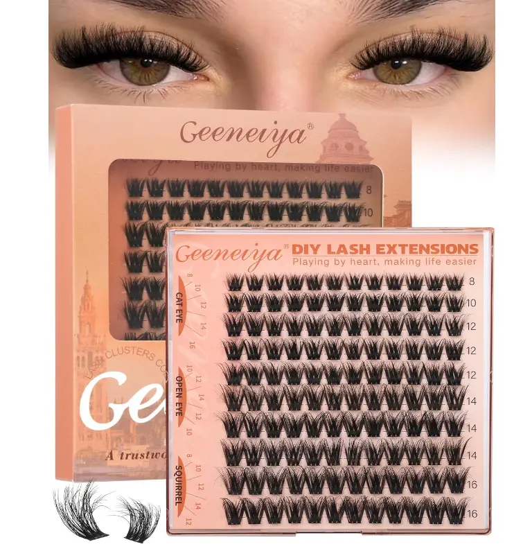 Geeneiya Fluffy Lash Clusters Wispy Eyelash Clusters, 8-16mm Natural Lashes Clusters, C Curl Cluster Eyelash Extensions, Natural Look Lash Extension for Beginners
