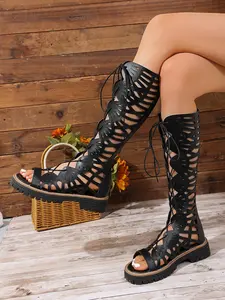 Hollow Out Floral High Top Roman Sandals for Women, Strap Thick Sole Open Toe Boots, Street Style Versatile Female Shoes, Footwear