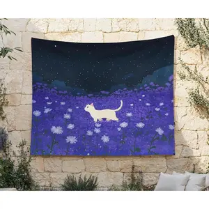 Purple Lavender Field Spirit Cat Tapestry for Bedroom, Mystical Night Sky Wall Hanging with Stars, Ethereal Violet Flowers Background Cloth, Enchanted Garden Scenery Wall Art, Dreamy Aesthetic Room Decor for Girls