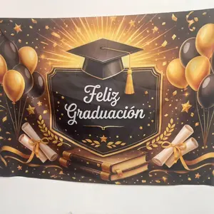 2D Flat 1PC Polyester Black Gold Feliz Graduación Graduation Backdrop Banner, Grad Cap Balloon Diploma Book Star Photography Background, Ideal For High School College Graduation Ceremony, Spanish Grad Party, Grad Banquet Dinner, Dessert Table Decor