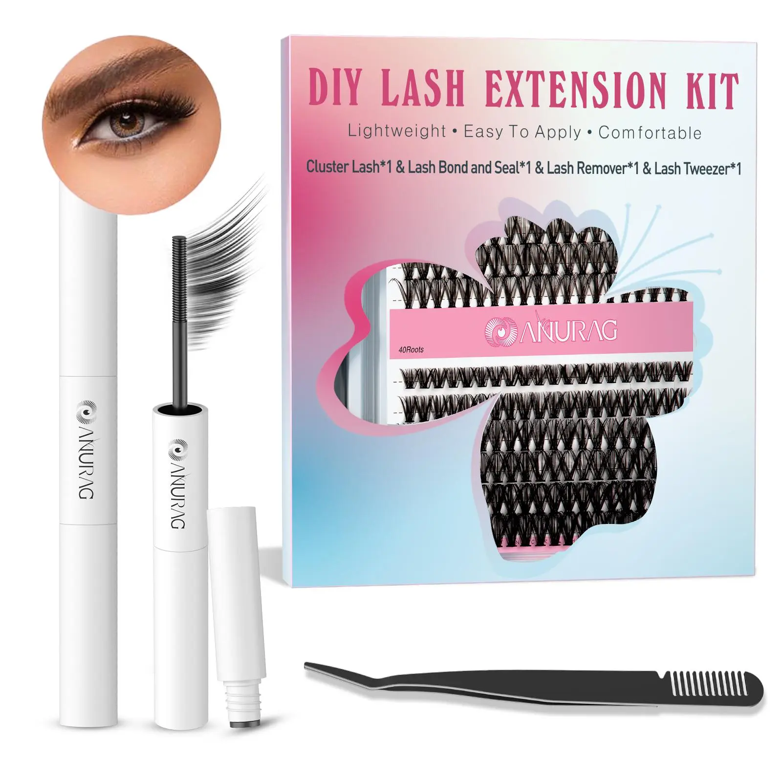 ANURAG DIY At-Home Lash Extension Kit with 240 Pcs Fluffy Cluster Lashes, 9-17mm Mixed Tray, Includes Bond & Seal Adhesive, Remover, Curler & Tweezers, Lashes At Home, Beauty False Eyelashes & Adhesives