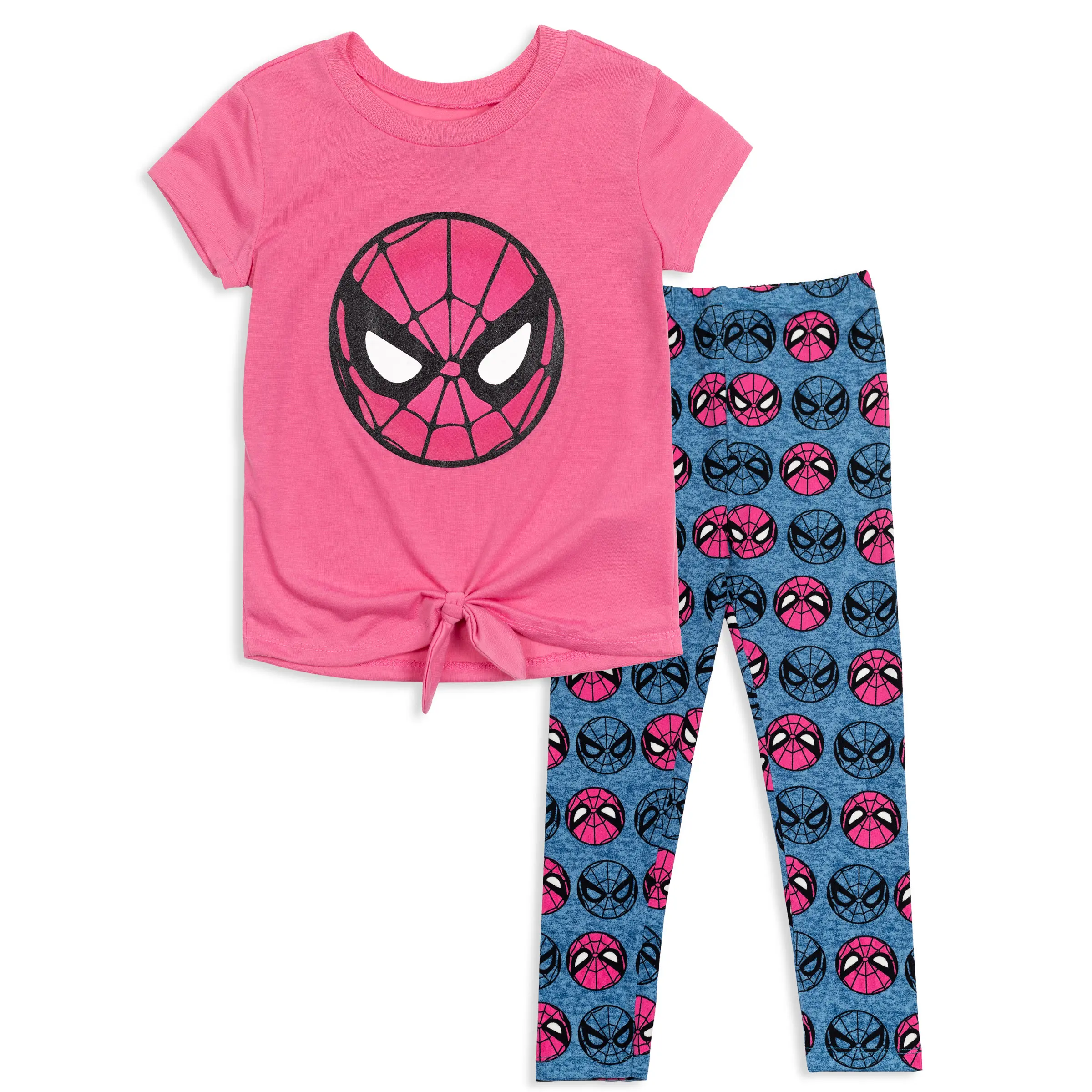 Marvel Spider-Man Girls' 2-Piece Outfit Set, Tie-Front Graphic Tee & Allover Print Leggings, Cotton Superhero Fun Casual Wear, Graphic Tees, Kids Clothing Girls