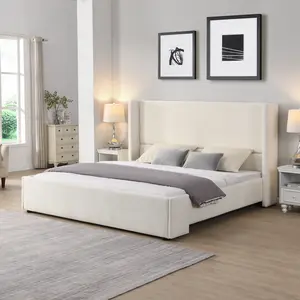 Elegant White Fabric Upholstered Bed with Tall Headboard King Size Wingback Bed in Soft Polyester for Modern Bedrooms