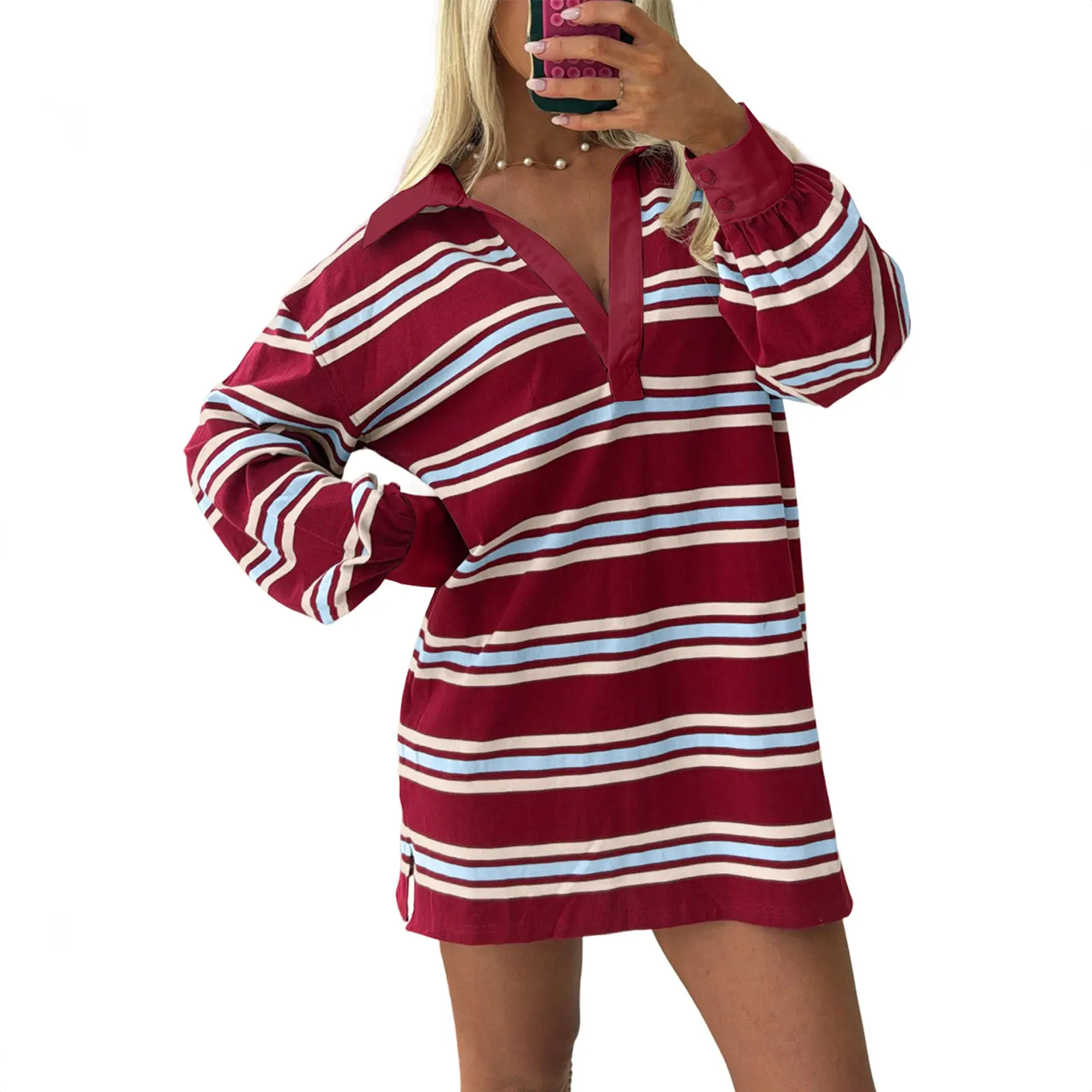Asvivid Women Fall Spring Striped Polo V-neck Shift Dress Long Sleeve Split Hem With Side Pockets Mini Dress For Women Casual Everyday Outings sohochic