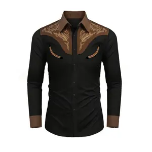 Men'S Stylish Embroidered Western-Style Flannel Shirt - Brown & Black With Intricate Leaf Pattern, Long Sleeve, Casual Wear, Casual Wear|Western Style Shirt|Durable Fabric