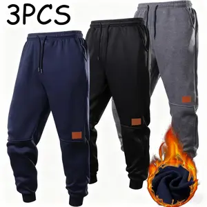 Men's 3-piece Warm Fleece Sports Pants Thick Warm Sweatpants with Drawstring Waistband for Autumn Winter Casual Solid Color Trousers Jogging Comfortable Homewear Relaxed Fit Velvet Feel Sweater Pants