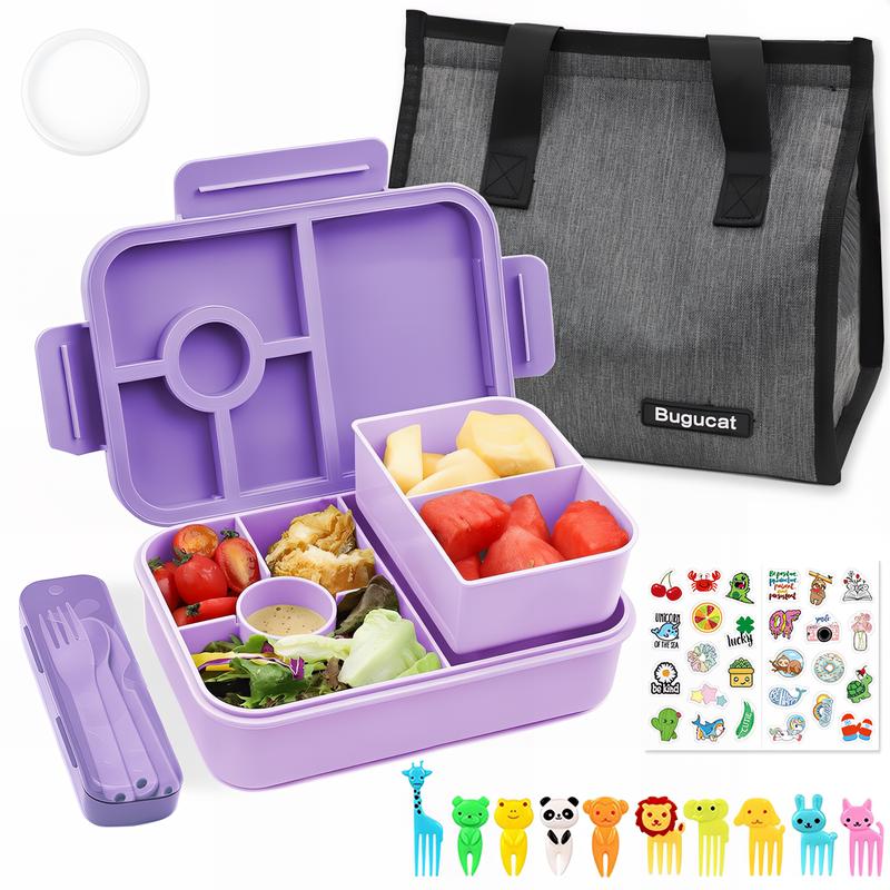 Bugucat Leak-Proof Bento Lunch Box 1300ML with 6 Compartments, Kids & Adult Bento Box with Cutlery, Dishwasher & Microwave Safe, High-Quality PP Material, 22x15x5.5 cm, Ideal for School, Kindergarten, Office