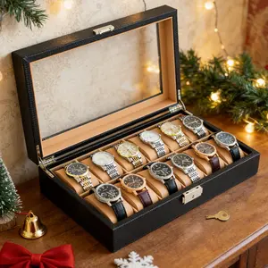 6/12 Slot Luxury Watch Display Case for Men & Women Wear Resistant Corrosion Resistant Carbon Fiber Storage Box with Lock Small Space Organizer Black Stainless Steel Strap Leather Strap