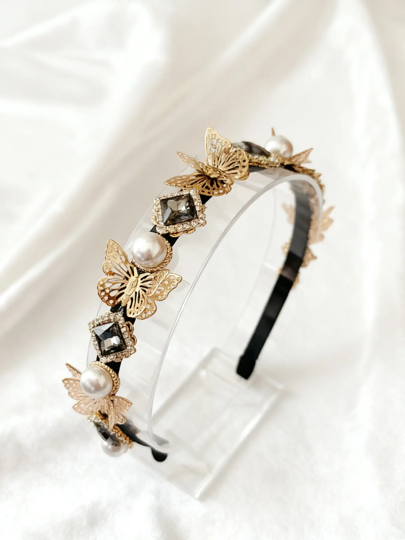 Vintage Palace Style Hair Hoop with Butterfly Rhinestones Pearls, 1cm Iron Alloy Narrow Edge Design, Luxurious Women's Hair Accessory, Goddess Headband