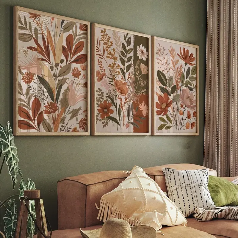 3pcs/set Frameless Vintage Canvas Painting Flower Art Poster Plant Green Leaves Wall Art Printing Living Room Bedroom Print Picture Decor Aesthetic Wall Decor Decorative Artwork Home Wall Art Unframed Art Print Vintage Prints Aesthetic Design