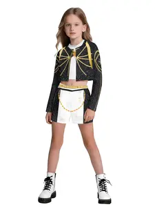 New Girl's Street Dance 3D Print Set, Cool Gold Butterfly Performance, Navel-Revealing Two-Piece Set