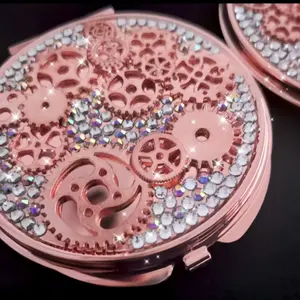 Ultra-Bling Steampunk Gear Rhinestone Compact Mirror, 7x7cm Dual Sided Travel Mirror with Magnification, Stylish Portable Makeup Mirror