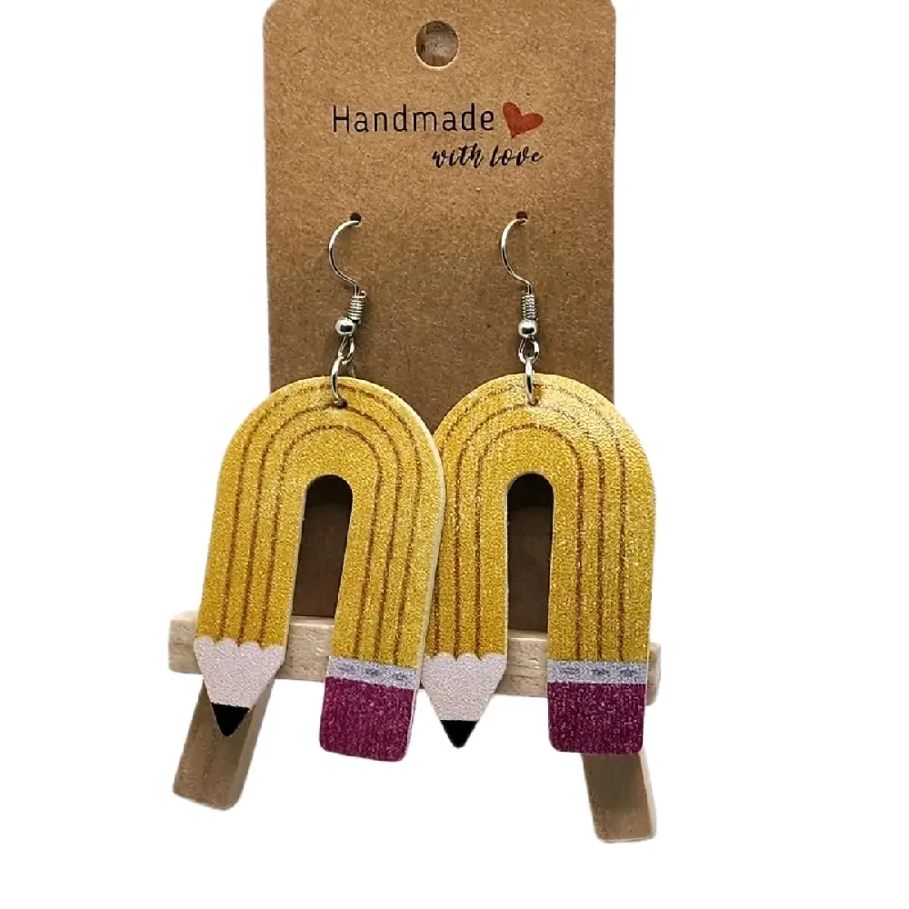 Faux Leather Pencil Earrings in Vibrant Yellow Color for Women Lightweight Design with Intricate Detail and Unique Hexagonal Shape