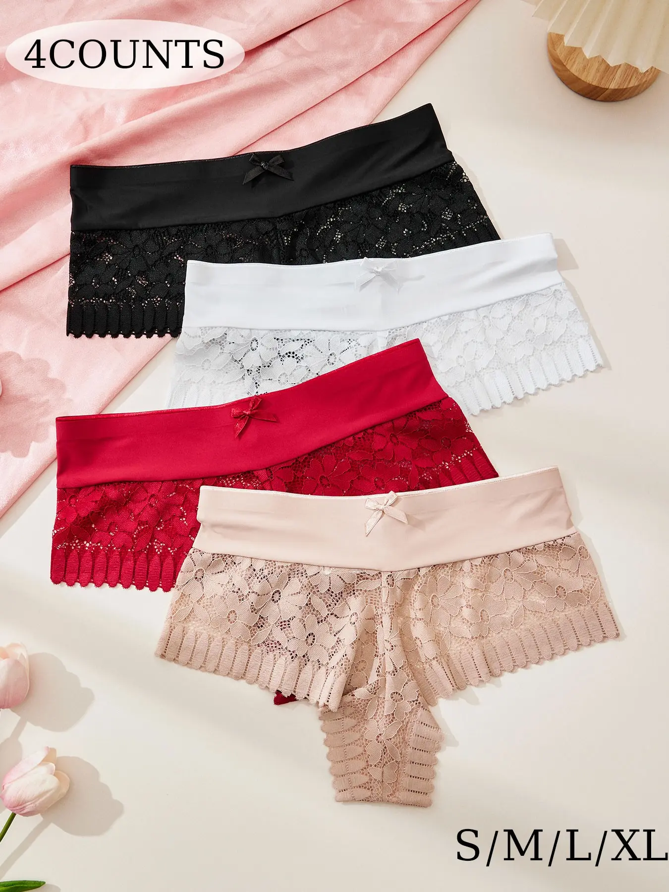 Women's Fitted Floral Lace Patchwork Panties, Comfortable Breathable Everyday Casual Wear, Holiday Gift, 4 Pack