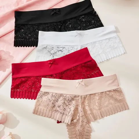 Women's Fitted Floral Lace Patchwork Panties, Comfortable Breathable Everyday Casual Wear, Holiday Gift, 4 Pack, Fitted Panty