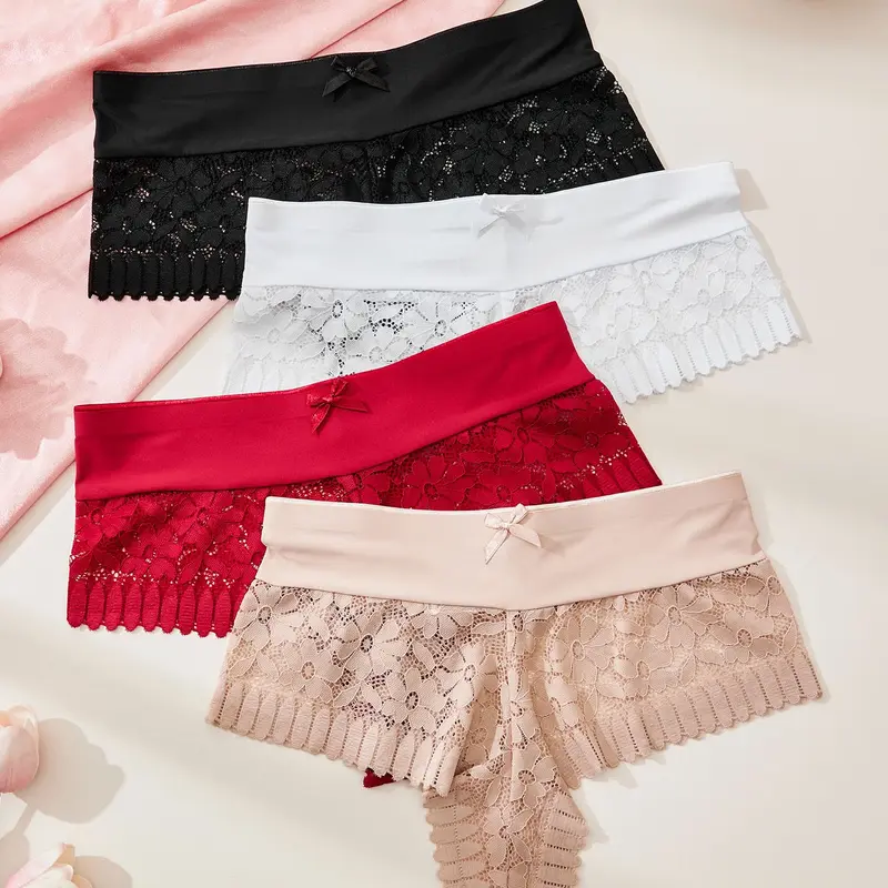 Women's Fitted Floral Lace Patchwork Panties, Comfortable Breathable Everyday Casual Wear, Holiday Gift, 4 Pack, Fitted Panty