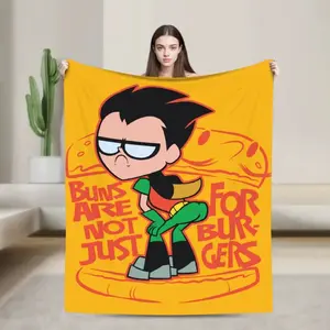 Cartoon Robin Burger Meme Flannel Throw Blanket - Soft Texture, Warm Bedding for Teen Titans Stans, Ideal for Movie Nights