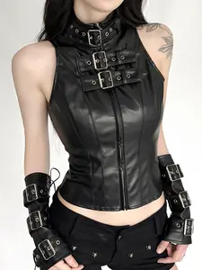 Dark Punk Style Metal Buckle PU Leather Slim Fit Sleeveless Womenswear Vest, Plain Design, All Seasons Wear, No Gloves Included