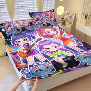 K-Pop Anime Girl Fitted Sheet Set, 1 Bed Cover & 2 Coreless Pillowcases, Neon Stage and Cool Edgy Music-Style Girls Bedding, Soft Breathable Fabric, Ideal for Gifts or Bedroom Decor