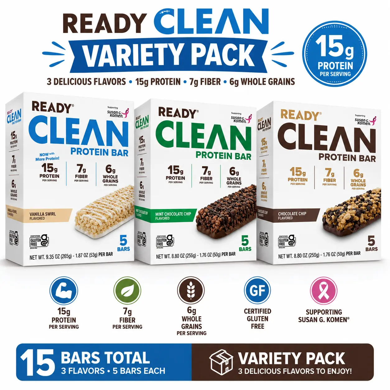 Ready Protein Bar, Mint Chocolate Chip 5 Count Bars+Ready Clean Protein Bar, Chocolate Chip, 5 Count Bars+Ready Clean Protein Bar, Vanilla Swirl, 5 Count Box Protein Bar