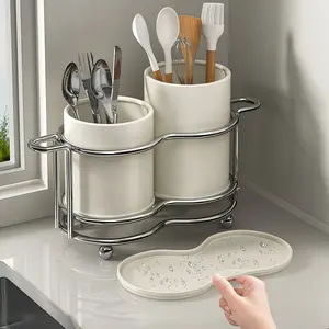 Metal Frame Utensil Storage Box, 1 Piece Kitchen Organizer, 2 Layers, Countertop Storage Holder, Durable Metal Construction