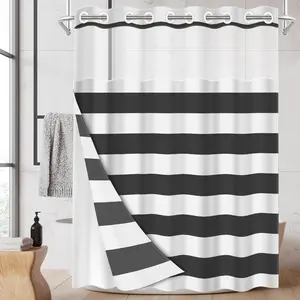 1PC 2D Flat Double Layer Shower Curtain, Classic Minimalist Style Decor, grey & White Stripe Print, Modern Simple Design, Clear Top Window & Detachable Snap-In Liner, Waterproof & Mildew Resistant, Thick & Washable Bathroom Curtain (No Hooks Included)