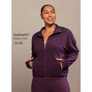 GLOWMODE FeatherFit™ Plus Size Take A Stand Sweat-Wicking Quick-Dry Zip Collar Thumbholes Hidden Pockets Long-Sleeve Sports Jacket Daily Casual