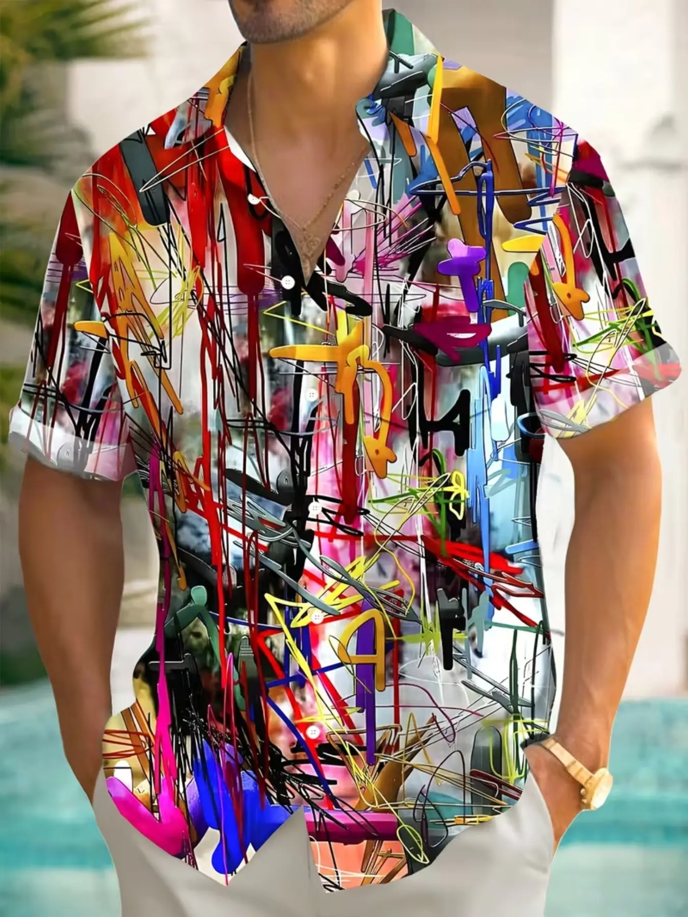 Men's Vibrant Graffiti Art Print Tropical Hawaiian Shirt, Short Sleeve Button-Up, Lightweight Summer Casual Wear, Vintage Style