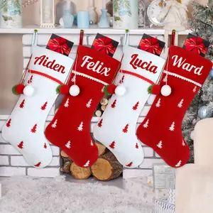 Customizable Red & White Christmas Stockings - Personalized with Name, Embroidered Festive Decor, Polyester, Ideal for Holiday Family Gatherings