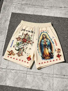 Summer Men's Fashion Trends, light in the dark slogan Virgin Mary Cross pattern All Over Print full-body print, men's casual shorts