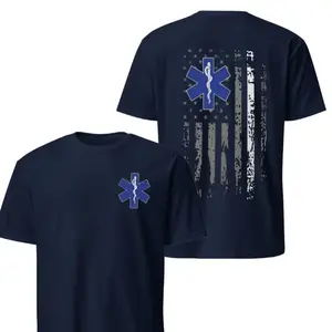 EMS Star of Life American Flag T-Shirt, Distressed Paramedic Graphic Tee, Soft Cotton Blend Shirt, Emergency Medical Service Apparel, Patriotic EMT First Responder Gift