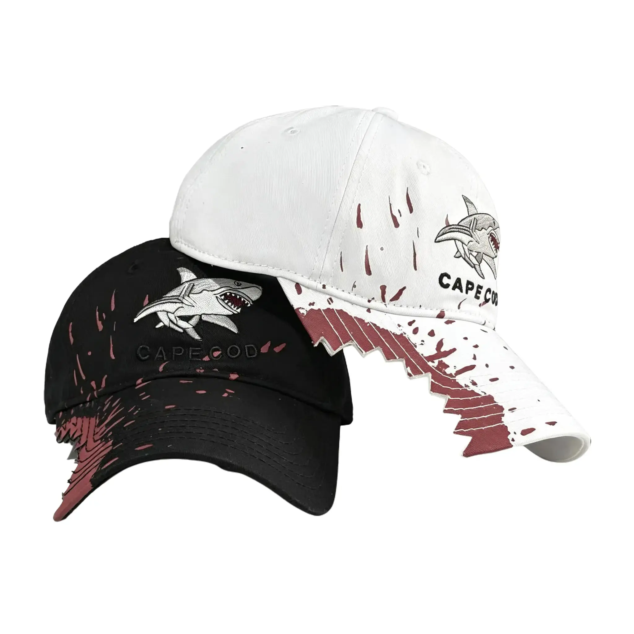 Cape Cod Shark Embroidered Baseball Cap for Men Women, Jagged Shark Bite Brim Blood Splatter Print Adjustable Curved Dad Hat Ocean Beach Fishing Hat