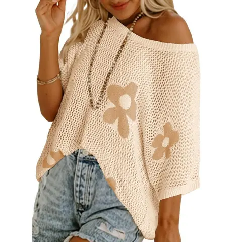 Dokotoo Womens Floral Fashion Summer Tops 2026 Short Sleeve Crochet Sweaters Swimsuit Cover Ups Lightweight Knit Pullover