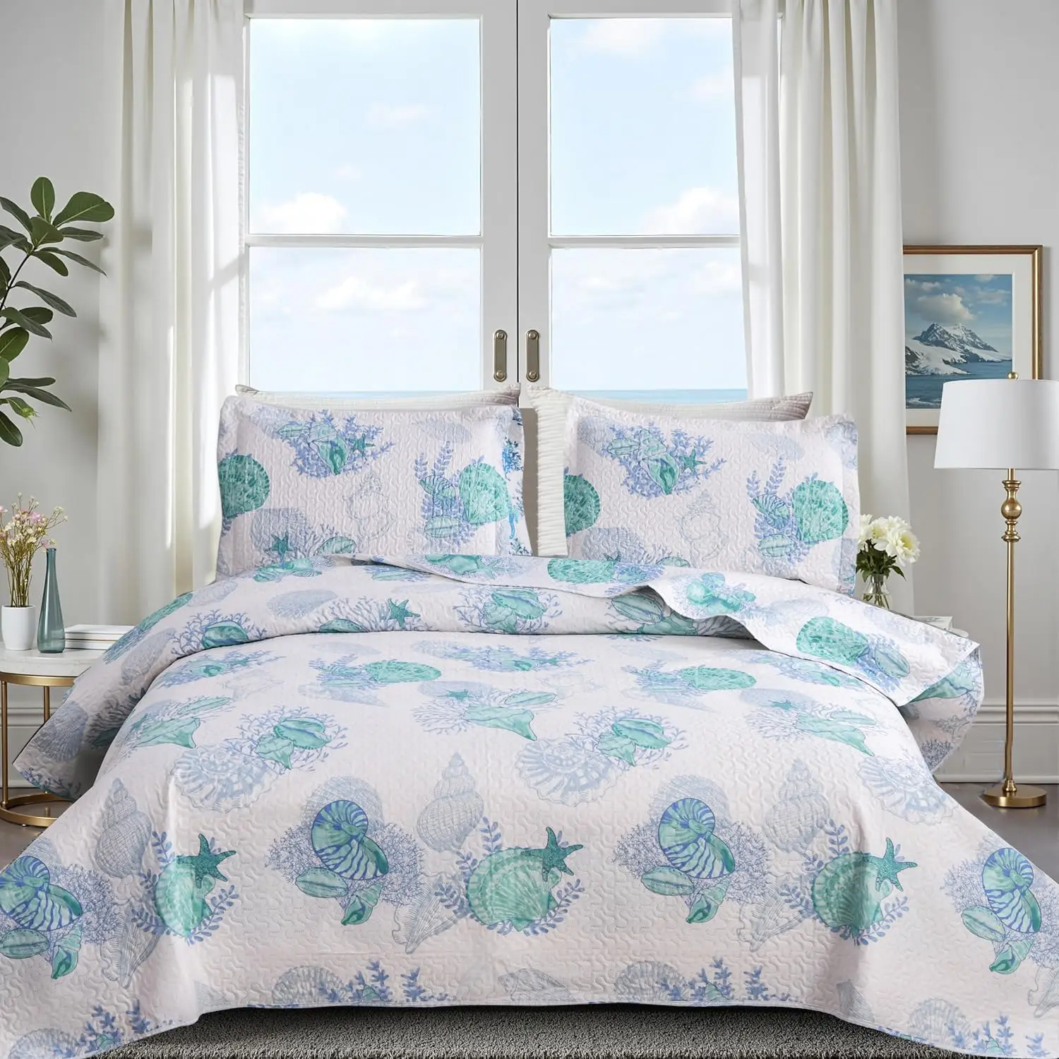 Ocean King Size Bedding Lightweight Summer Beach Theme Bedspread Nautical Coverlet Blue Seashell Conch Bed Sheet with 2 Pillowshams (Green,King)